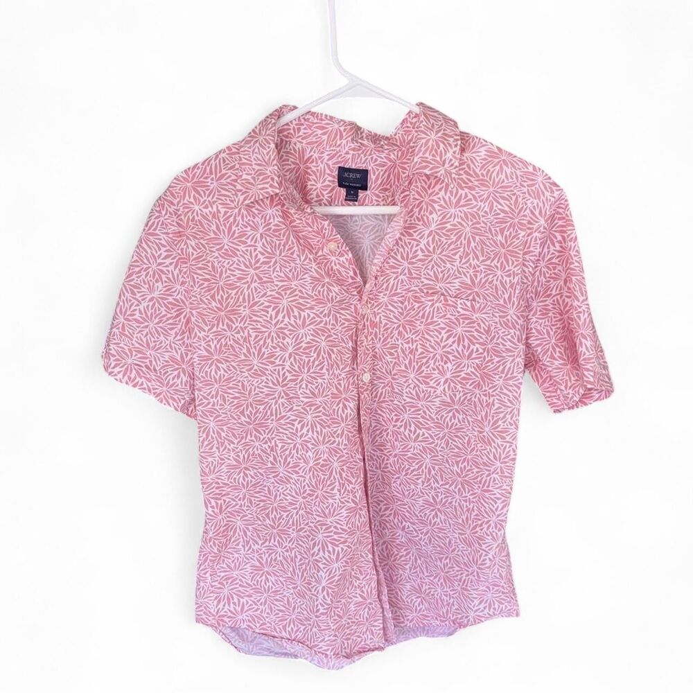 J.Crew Men's Slim Flex Washed Casual Shirt Size M Pink Tropical Palm Leaf